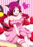  1girl ;d absurdres animal_ears bell bow breasts cat_ears cat_tail cleavage cosplay detached_sleeves gloves hand_on_lap highres index_finger_raised long_hair looking_at_viewer medium_breasts mew_ichigo mew_ichigo_(cosplay) miniskirt niita one_eye_closed open_mouth pink_background pink_skirt pink_sleeves precure purple_eyes red_bow red_gloves red_hair shiny shiny_hair short_sleeves sitting skirt smile solo strapless striped striped_background tail tail_bell tail_bow thigh_strap tokyo_mew_mew twitter_username yes!_precure_5 yes!_precure_5_gogo! yumehara_nozomi 