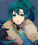  1girl black_gloves earrings fire_emblem fur-trimmed_collar gloves green_eyes green_hair hair_between_eyes highres jewelry lyn_(fire_emblem) parted_lips ponytail solo taiga_kazame twitter_username upper_body wide-eyed 