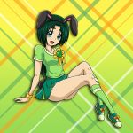  1girl :d animal_ears arm_support black_hairband blue_eyes bunny_ears character_request collarbone fake_animal_ears full_body gradient gradient_background green_background green_hair green_legwear green_shirt green_skirt hairband kneehighs leaning_back looking_at_viewer miniskirt niita open_mouth pleated_skirt shiny shiny_hair shirt short_hair short_sleeves sitting skirt smile solo wristband yellow_background 