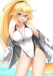  1girl bangs bare_shoulders blonde_hair blue_eyes blush breasts collarbone fate/grand_order fate_(series) glasses gradient gradient_background highleg highleg_swimsuit highres jacket jeanne_d&#039;arc_(fate)_(all) jeanne_d&#039;arc_(swimsuit_archer) john_manjirou_(love-love-happy21) large_breasts long_hair long_sleeves looking_at_viewer off_shoulder one-piece_swimsuit open_clothes open_jacket open_mouth ponytail scrunchie smile solo swimsuit thighs very_long_hair whistle whistle_around_neck white_jacket white_swimsuit 