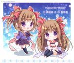  2girls :d bangs black_bow black_legwear black_skirt blue_shirt blush bow braid brown_footwear brown_hair character_name chibi closed_mouth collared_shirt commentary_request eyebrows_visible_through_hair frilled_skirt frills hair_between_eyes hair_bow hands_together happy_birthday interlocked_fingers juliet_sleeves kneehighs loafers long_hair long_sleeves multiple_girls nursery_rhyme open_mouth own_hands_together pleated_skirt puffy_sleeves purple_eyes purple_skirt red_bow red_sailor_collar ryuuka_sane sailor_collar shirt shoes siblings sisters sitting skirt sleeves_past_wrists smile sparkle tomoe_makina tomoe_yukina twin_braids twins twitter_username two_side_up very_long_hair white_shirt 