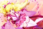  1girl 2016 :d anmitsu_komachi blonde_hair boots bow collarbone cosplay cure_fortune cure_fortune_(cosplay) cure_peach dated detached_sleeves floating_hair fresh_precure! frilled_kimono frills hair_bow happinesscharge_precure! japanese_clothes kimono layered_skirt long_hair long_sleeves looking_at_viewer miniskirt niita open_mouth outstretched_arms outstretched_hand pink_bow pink_skirt pink_sleeves pleated_skirt precure red_eyes skirt sleeveless sleeveless_kimono smile solo sparkle thigh_boots thighhighs twitter_username very_long_hair white_footwear white_kimono white_skirt wide_sleeves zettai_ryouiki 