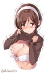  1girl blush bow bow_bra bra breasts brown_eyes brown_hair brown_shirt cleavage contemporary cropped_torso ebifurya embarrassed from_above hairband highres kantai_collection large_breasts lifted_by_self lips looking_at_viewer natori_(kantai_collection) navel nose_blush pink_lips shiny shiny_skin shirt shirt_lift short_hair stomach tears trembling turtleneck underwear upper_body white_bra 