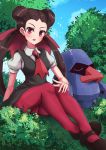  1girl blue_sky blush bow breasts brown_hair day dress gen_3_pokemon gym_leader hair_bow hair_pulled_back highres large_breasts long_hair looking_at_viewer mary_janes nosepass outdoors pantyhose pinafore_dress pink_legwear pokemon pokemon_(creature) red_eyes red_neckwear shoes short_sleeves sitting sky tree tsutsuji_(pokemon) twintails wakaba_(wata_ridley) 