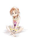  1girl barefoot bow bowtie brown_eyes brown_hair closed_mouth collarbone full_body futari_wa_precure_splash_star hair_ornament hairclip heart hyuuga_saki indian_style miniskirt precure red_bow red_neckwear shiny shiny_hair short_hair simple_background sitting sketch skirt sleeveless smile solo white_background yellow_belt yellow_skirt 