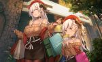  2girls aran_sweater azur_lane bag bare_shoulders belchan_(azur_lane) belfast_(azur_lane) belfast_(shopping_with_the_head_maid)_(azur_lane) beret black_skirt blurry bow breasts brown_legwear brown_sweater choker cleavage collarbone commentary_request crepe day depth_of_field earrings eating food hair_bow hands_up hat highres holding holding_food hoop_earrings jewelry large_breasts long_hair long_sleeves looking_at_viewer miniskirt multiple_girls off-shoulder_sweater off_shoulder outdoors pantyhose parted_lips pencil_skirt purple_eyes red_headwear shawl shopping_bag sidelocks skirt smile sweater white_hair yu_ni_t 