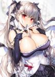  1girl azur_lane bare_shoulders black_bow black_dress black_nails bow breasts cleavage collarbone detached_collar detached_sleeves dress earrings floating_hair formidable_(azur_lane) frilled_dress frills gijang hair_bow hands_on_own_chest hands_up jewelry large_breasts long_hair long_sleeves looking_at_viewer mouth_hold nail_polish red_eyes silver_hair solo twintails upper_body very_long_hair 