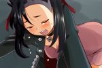  1girl all_fours black_hair blush choker closed_eyes dress hair_ribbon jacket mary_(pokemon) nishi_koutarou open_mouth pink_dress pokemon pokemon_(game) pokemon_swsh ribbon short_hair solo tears two_side_up 