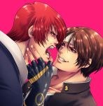  2boys fingerless_gloves gloves hand_on_another&#039;s_face headband highres kusanagi_kyou miru_(mill_36) multiple_boys open_mouth red_hair school_uniform sharp_teeth short_hair smirk teeth the_king_of_fighters tongue tongue_out yagami_iori 