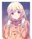  1girl bang_dream! bangs blonde_hair breath brown_coat brown_scarf coat e20 half_updo hands_up long_hair long_sleeves looking_at_viewer plaid plaid_scarf purple_eyes scarf shirasagi_chisato smile snowing solo upper_body winter_clothes 