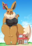  2019 ambiguous_gender anthro anthrofied big_breasts big_ears black_body black_fur black_hair black_nose blush breasts brown_body brown_fur building clothed clothing dewlap_(anatomy) dipstick_tail eevee female flower fluffy_mane fur gigantamax_eevee gigantamax_pok&eacute;mon hair holding_character house human kify larger_anthro larger_female macro mailbox mammal micro micro_in_hand micro_on_macro multicolored_tail nintendo pawpads plant pok&eacute;mon pok&eacute;mon_(species) pok&eacute;mon_trainer purple_eyes size_difference smaller_human smile tan_body tan_fur video_games 