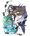  1girl absurdly_long_hair anklet aqua_eyes barefoot bracelet breasts choker collarbone earmuffs earrings eyebrows_visible_through_hair fins full_body fur_scarf harp instrument jewelry ji_no large_breasts long_hair looking_at_viewer official_art purple_hair sinoalice solo transparent_background very_long_hair water 