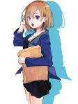  1girl :o absurdres ao_no_kitsune black_skirt blue_eyes blue_jacket brown_hair cellphone envelope hair_between_eyes hand_up highres jacket looking_at_viewer manila_envelope miyamori_aoi phone shadow shirobako short_hair simple_background skirt solo standing talking_on_phone white_background 