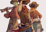  1girl 2boys belt black_hair cowboy cowboy_hat denim green_hair gun handgun hat highres holster holstered_weapon jeans kieshi_heta long_hair monkey_d_luffy multiple_boys nami_(one_piece) one_piece orange_hair pants pistol red_scarf roronoa_zoro scarf shotgun skirt smile weapon western 