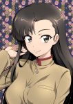  1girl asymmetrical_bangs bangs black_hair blue_background breasts brown_eyes chi-hatan_school_uniform eyebrows_visible_through_hair floral_background girls_und_panzer hand_in_hair highres large_breasts long_hair long_sleeves looking_at_viewer nakahira_guy nishi_kinuyo school_uniform shiny shiny_hair smile solo upper_body 