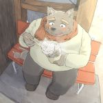  2019 anthro bottomwear canid canine chocobibear clothing detailed_background eating humanoid_hands mammal overweight pants scarf sittign sitting solo sweater topwear 