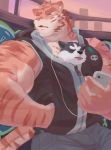  2019 absurd_res anthro bottomwear cellphone clothing earplugs felid hi_res kunn_(artist) male mammal open_mouth pantherine pants phone smartphone tiger 