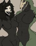  2019 anthro big_breasts black_body black_fur black_hair bone breasts canid canine digital_media_(artwork) duo female fur hair jodelr lizard mammal monster nude open_mouth pussy reptile scalie scp-1471 scp-682 scp_foundation simple_background skull teeth tongue undead 