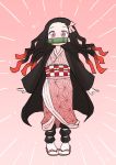  1girl asa_no_ha_(pattern) asutoro_(s--t) bamboo bit_gag black_hair black_jacket checkered_obi commentary full_body gag gradient_hair hair_ribbon haori highres jacket japanese_clothes kamado_nezuko kimetsu_no_yaiba kimono leg_wrap light_rays long_hair long_sleeves looking_at_viewer mouth_hold multicolored_hair obi pink_background pink_kimono pink_ribbon purple_eyes red_hair ribbon sandals sash solo sparkle standing tabi two-tone_hair white_footwear white_legwear 