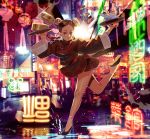 1girl bamboo_steamer bangs brown_eyes brown_hair chinese_clothes chinese_text double_bun earrings eyeliner food highres jewelry leg_up looking_at_viewer makeup neon_lights nshi00 open_mouth original parted_bangs plate puddle reflection shorts socks solo statue tiptoes white_legwear 