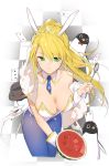  1girl animal_ears artoria_pendragon_(all) artoria_pendragon_(swimsuit_ruler)_(fate) bangs bare_shoulders bird blonde_hair blue_legwear blue_neckwear breasts bunny_ears bunnysuit cleavage crown detached_collar eyebrows_visible_through_hair fate/grand_order fate_(series) food fruit green_eyes hair_between_eyes highres large_breasts leaning_forward leotard long_hair looking_at_viewer necktie neee-t pantyhose penguin ponytail solo spoon watermelon white_leotard wrist_cuffs 