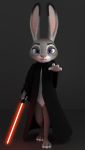  2019 3d_(artwork) anthro black_background black_clothing black_robe claws clothing digital_media_(artwork) disney eyebrows eyelashes female fingers fur grey_body grey_fur hi_res holding_object holding_weapon judy_hopps lagomorph leporid lightsaber long_ears looking_at_viewer mammal melee_weapon melo mostly_nude multicolored_body multicolored_ears multicolored_fur open_mouth pink_nose purple_eyes rabbit simple_background sith solo standing star_wars teeth toes weapon white_body white_fur zootopia 