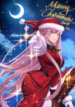  1girl bow crescent_moon fate/grand_order fate_(series) florence_nightingale_(fate/grand_order) florence_nightingale_santa_(fate/grand_order) fur-trimmed_sleeves fur_trim gloves gogatsu_fukuin hat highres long_hair merry_christmas moon night night_sky pantyhose pink_eyes pink_hair pointing santa_hat sky smile sparkle white_gloves 