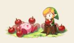  1boy :d anny99943 apple belt blonde_hair blush_stickers boots eating food fruit grass green_headwear kirby link open_mouth sidelocks simple_background sitting sitting_on_tree_stump smile the_legend_of_zelda the_legend_of_zelda:_link&#039;s_awakening tree_stump tunic white_background 