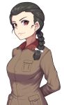  1girl arms_behind_back bangs black_hair braid bright_pupils brown_eyes chi-hatan_(emblem) chi-hatan_military_uniform closed_mouth commentary emblem girls_und_panzer hair_over_shoulder hair_ribbon highres lapel_pin long_hair looking_at_viewer ribbon ringer3727 simple_background single_braid smile solo standing tamada_(girls_und_panzer) upper_body white_background white_pupils white_ribbon 