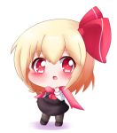  1girl :o arm_up black_footwear black_legwear black_skirt black_vest blonde_hair chibi commentary cravat eyebrows_visible_through_hair full_body hair_between_eyes hair_ribbon holding_scarf looking_at_viewer pantyhose pink_scarf red_eyes red_neckwear ribbon rumia scarf shadow shirt short_hair simple_background skirt solo standing symbol_commentary touhou vest white_background white_shirt yairenko 