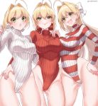  3girls ahoge artist_name artoria_pendragon_(all) ass_visible_through_thighs bangs blonde_hair blush bow braid breasts commentary_request eyebrows_visible_through_hair fate/grand_order fate_(series) fingernails french_braid green_eyes hair_bow hand_on_hip hand_on_shoulder highleg highleg_leotard highres leotard long_hair long_sleeves looking_at_viewer medium_breasts multiple_girls nero_claudius_(fate) nero_claudius_(fate)_(all) open_mouth red_bow red_leotard ribbed_leotard shiny shiny_hair signature simple_background smile striped striped_leotard thighs tied_hair tongue tongue_out turtleneck v-shaped_eyebrows white_background white_bow white_leotard yayoimaka03 