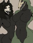  2019 anthro big_breasts black_body black_fur black_hair bone breasts canid canine digital_media_(artwork) duo female fur hair jodelr lizard mammal monster nude open_mouth pussy reptile scalie scp-1471 scp-682 scp_foundation simple_background skull teeth tongue undead 