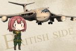  1girl aircraft airplane belt bob_cut bomber brown_belt commentary_request epaulettes fairy_(kantai_collection) green_jacket green_pants handley_page_victor jacket kantai_collection long_sleeves military military_uniform military_vehicle pants red_hair short_hair solid_oval_eyes solo tsukemon uniform 