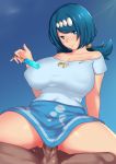  1boy 1girl aster_crowley bangs bare_shoulders blue_eyes blue_hair blue_shirt blue_skirt blush breasts closed_mouth clothed_sex collarbone covered_nipples eyebrows_visible_through_hair food freckles girl_on_top head_chain hetero highres huge_breasts long_hair looking_at_viewer low_ponytail mature miniskirt nose_blush off-shoulder_shirt off_shoulder penis pokemon pokemon_(anime) pokemon_sm_(anime) ponytail popsicle reverse_cowgirl_position ribbon-trimmed_shirt sex shirt short_sleeves skirt sky smile solo_focus spread_legs straddling suiren&#039;s_mother_(pokemon) sweat swept_bangs uncensored vaginal 