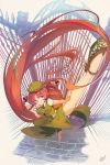  1girl absurdres aqua_eyes bare_legs bear beret blue_eyes braid fighting_stance gate hat highres hong_meiling htk_mikan leg_up long_hair looking_up red_hair scarlet_devil_mansion side_braid solo star touhou twin_braids 