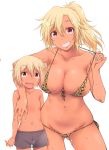  1boy 1girl :d animal_print areola_slip areolae arm_around_shoulder ass_visible_through_thighs bangs bikini blonde_hair breasts collarbone contrapposto cowboy_shot eyebrows_visible_through_hair fang front-tie_bikini front-tie_top grin hair_between_eyes highres iwami_kyuuto large_breasts leopard_print long_hair looking_at_viewer male_swimwear micro_bikini navel open_mouth original parted_bangs ponytail red_eyes side-tie_bikini simple_background smile stomach strap_lift sweat swim_trunks swimsuit swimwear tan wet white_background 