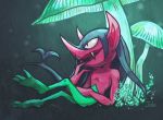  2019 black_hair fangs fungus grass green_body green_skin hair humanoid_pointy_ears imp long_hair male morgrem mushroom nintendo odo_7ta pink_body pink_skin pok&eacute;mon pok&eacute;mon_(species) prehensile_hair reclining red_eyes sitting solo video_games 