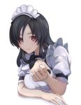  1girl akame akame_ga_kill! alternate_costume bangs black_hair breasts cleavage enmaided highres long_hair looking_at_viewer maid maid_headdress medium_breasts najendasan red_eyes short_sleeves simple_background smile solo upper_body white_background 