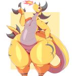  2018 4_fingers absurd_res anthro belly border claws digital_media_(artwork) dragon eyelashes fangs featureless_crotch female fingers fire flat_chested front_view half-closed_eyes hand_on_hip hi_res horn huge_hips huge_thighs hyper hyper_hips markings narrowed_eyes nude scalie slightly_chubby slit_pupils smile solo standing thick_thighs trinity-fate62 white_border wide_hips wingless_dragon yydra 