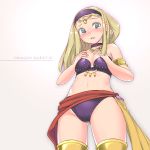 1girl armlet bikini blonde_hair blue_eyes blush breast_suppress choker copyright_name dragon_quest dragon_quest_xi hairband harem_outfit highres long_hair navel parted_lips senya_(dq11) simple_background solo swimsuit tears white_background 