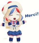  artist_name bangs beret blonde_hair chibi closed_eyes commandant_teste_(kantai_collection) double-breasted dress eyebrows_visible_through_hair french_text hat jacket kantai_collection long_hair millipen_(medium) multicolored multicolored_clothes multicolored_hair multicolored_scarf open_mouth plaid plaid_scarf pom_pom_(clothes) red_hair scarf socks streaked_hair swept_bangs tesun_(g_noh) traditional_media watercolor_pencil_(medium) wavy_hair white_background 