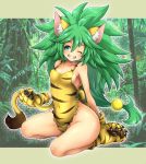  animal_ears breasts cat_ears cham_cham clawed_boots clawed_gauntlets covered_navel forest green_hair highres holding_tail miru_(mill_36) nature no_panties samurai_spirits sideboob tail 