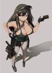  1girl ammunition_pouch assault_rifle bangs bare_shoulders belt black_footwear black_gloves black_hair breasts cleavage covered_nipples credit_card earpiece food food_in_mouth from_above gloves green_tank_top grey_background grey_eyes grey_pants gun hair_between_eyes highres holding holding_weapon ihobus korean_commentary large_breasts long_hair multicolored_hair original pants pocky pouch rifle shadow sideboob standing strap streaked_hair tank_top visor weapon 