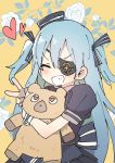  1girl black_eyepatch blue_hair grin heart highres last_origin lrl_(last_origin) luke_(dydansgur) print_eyepatch smile solo stuffed_animal stuffed_toy teddy_bear two_side_up v 