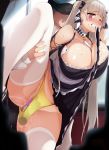  1girl against_wall against_window azur_lane between_breasts black_dress blur_censor blush breasts censored chikan cleavage clenched_teeth clothes_in_mouth cowboy_shot day detached_collar dildo dildo_under_panties dress eyebrows_visible_through_hair faceless faceless_male formidable_(azur_lane) ground_vehicle hair_ribbon highres huge_breasts long_hair mouth_hold panties pussy_juice red_eyes ribbon silver_hair solo_focus spread_legs standing standing_on_one_leg sunlight sweat teeth thigh_grab thighhighs thighs train train_interior twintails underwear white_legwear yellow_panties yuzumiya_mono 