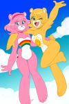  2girls absurdres bear blonde_hair blue_eyes care_bears cheer_bear commentary dated english_commentary eyelashes funshine_bear furry green_eyes hairband highres leg_up looking_at_viewer multiple_girls one_eye_closed open_mouth pink_hair signature sky smile tail thigh_gap warren_blakely 