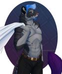  2019 anthro blue_eyes blue_hair clothed clothing digital_media_(artwork) excitedcargoyle felid hair male mammal navel pantherine solo teeth tiger topless whiskers 