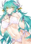  1girl bangs bare_shoulders blush bra breasts cleavage dragon_girl fate/grand_order fate_(series) green_hair highres horns kiyohime_(fate/grand_order) kou_mashiro long_hair looking_at_viewer multiple_horns navel panties sailor_collar shirt shirt_lift short_sleeves simple_background smile solo underwear white_background white_bra white_panties white_shirt yellow_eyes 