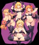 4girls ;q \m/ ahoge arm_up armband armpits arms_up ass_visible_through_thighs azusa_(cookie) bandeau bangs bare_arms bare_shoulders black_background black_footwear black_gloves black_panties blonde_hair blush boots bow breasts charmander collarbone commentary_request cookie_(touhou) demon_girl demon_horns demon_wings elbow_gloves eyebrows_visible_through_hair fang gloves green_eyes hair_between_eyes hair_bow hair_ornament highres holding holding_pokemon horns jack-o&#039;-lantern kirisame_marisa large_breasts long_hair looking_at_viewer mars_(cookie) midriff multiple_girls navel one_eye_closed open_mouth orange_eyes orange_hair panties pokemon pokemon_(creature) purple_background purple_bow rei_(cookie) small_breasts spread_legs squatting standing star star_hair_ornament stomach strapless succubus tarmo thigh_boots thighhighs thighs tongue tongue_out touhou tubetop two-tone_background underwear uzuki_(cookie) wings yellow_eyes 