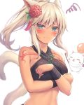  1girl 3: :3 =_= animal_ears aqua_eyes bandaged_arm bandages bangs bare_shoulders black_shirt blush blush_stickers bodypaint breast_hold breasts cat_ears cat_girl cat_tail chibi chibi_inset commentary_request dark_skin embarrassed eyebrows_visible_through_hair facial_mark final_fantasy final_fantasy_xiv fingernails flower frown fur_collar hair_between_eyes hair_flower hair_ornament high_ponytail holding holding_paintbrush leaf_hair_ornament looking_at_viewer medium_breasts midriff mini_wings miqo&#039;te monk_(final_fantasy) moogle mutsuba_fumi nail_polish paintbrush parted_lips ponytail red_nose shirt sidelocks sleeveless sleeveless_shirt solo_focus squiggle tail tassel upper_body whisker_markings white_background 